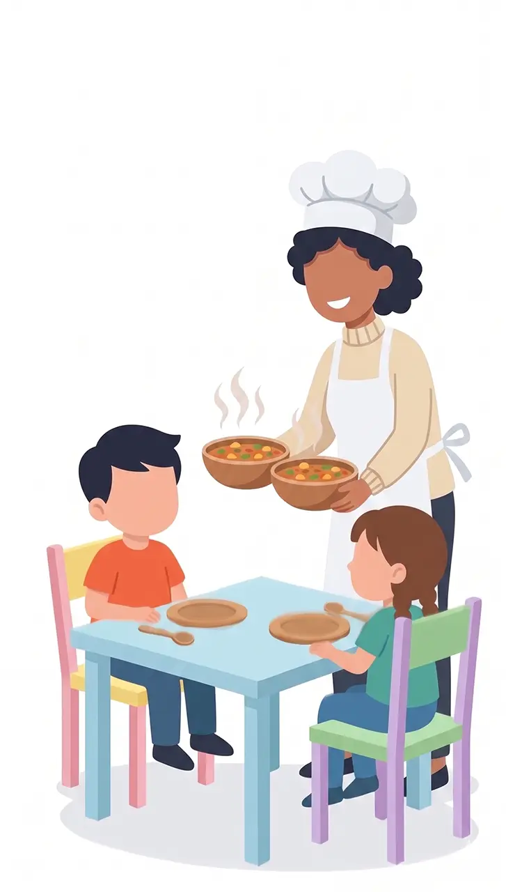 illustrazione della cuoca che porta i pasti ai bambini