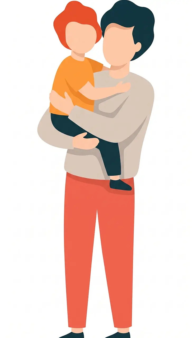 illustrazione di una maestra che tiene in braccio un bambino piccolo