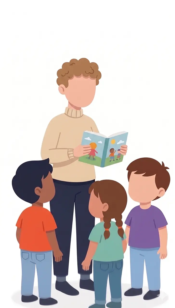 illustrazione di uana maestra e tre bambini