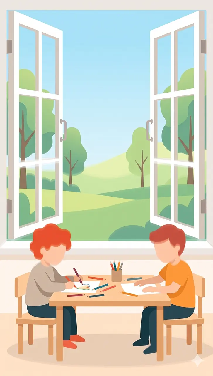 illustrazione di due bambini a scuola di fronte a una grande finestra sul giardino
